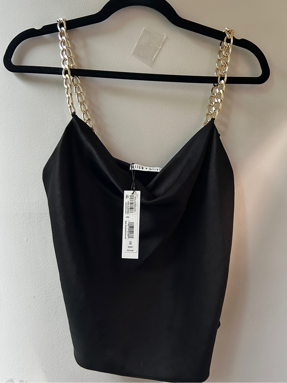 Alice & Olivia Chain Strap Cowl Neck Black Satin Top
